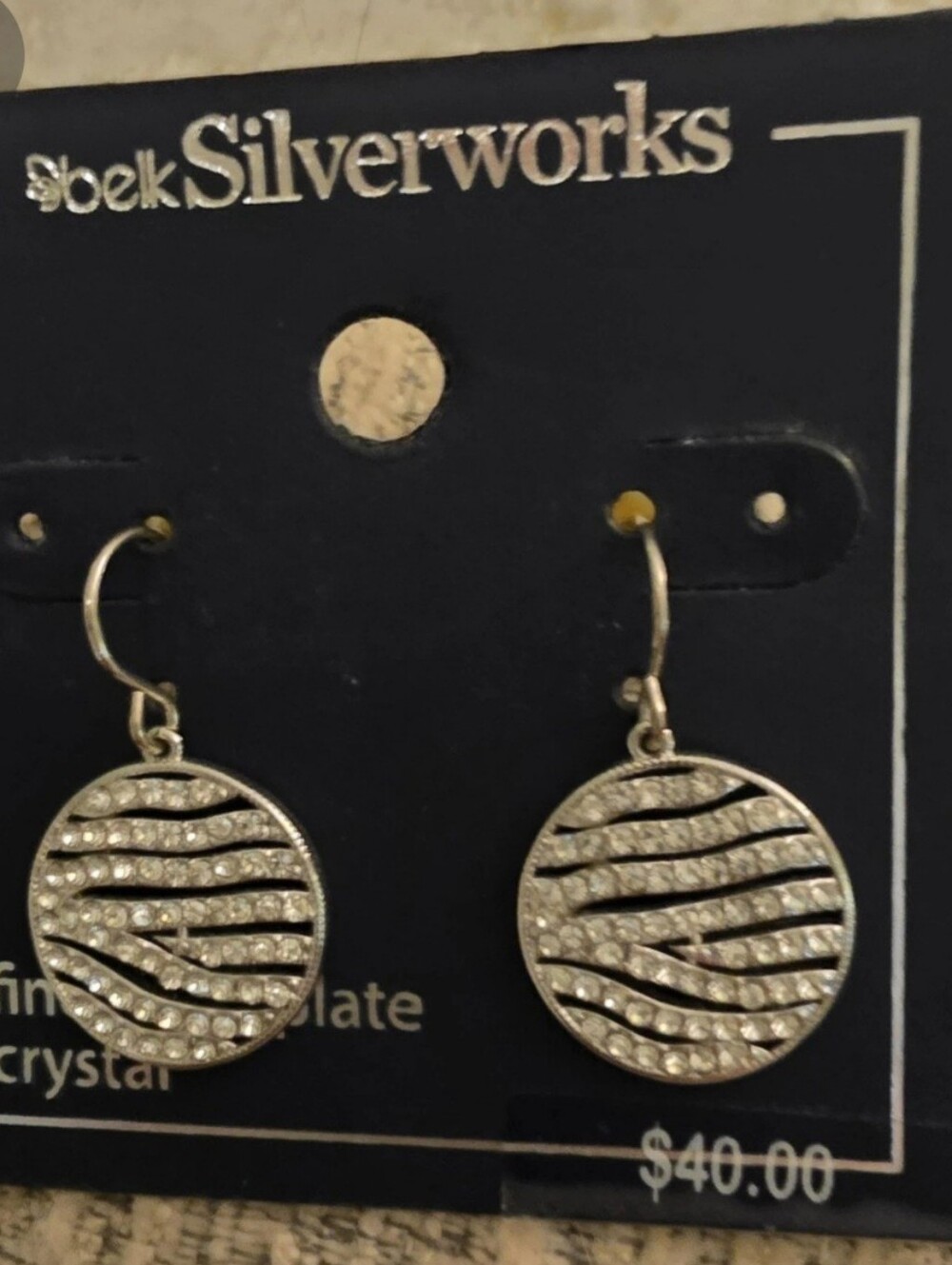 Belk Silverworks Round Crystal Wave Pattern Dangle Drop Silver Earrings (NIB)